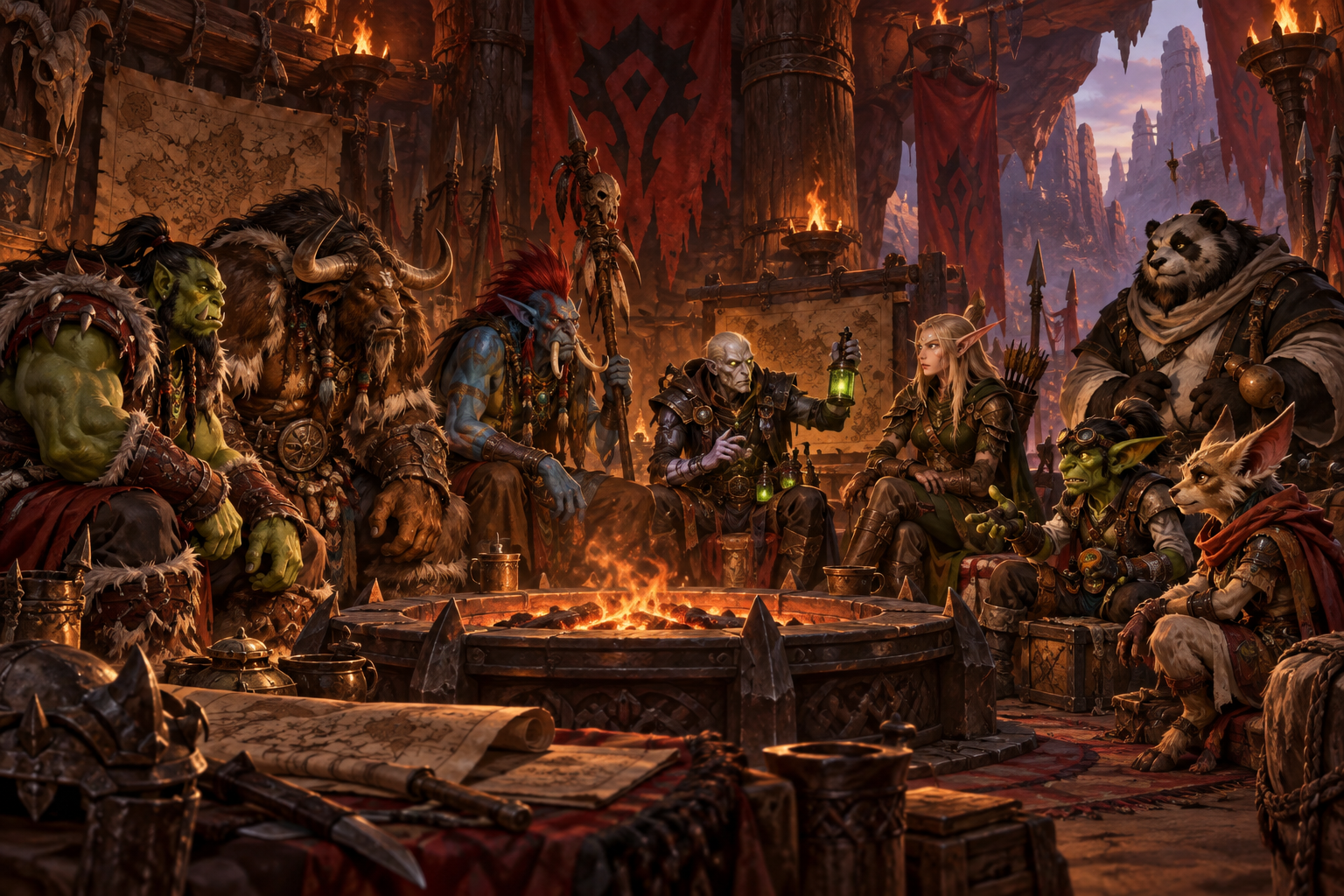 Original fantasy council of diverse allied peoples